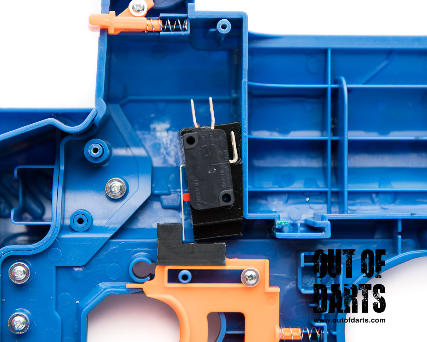 Nerf mod Nemesis Switch Mounting Plate 3d Printed (Ideal Trigger Switch Placement) - Out of Darts