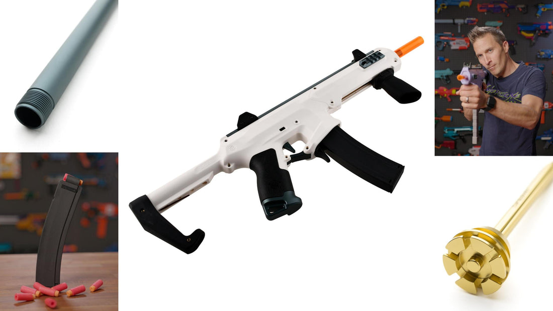 Worker Seagull Nerf blaster with magazine, barrel, plunger, foam darts, and person aiming blaster